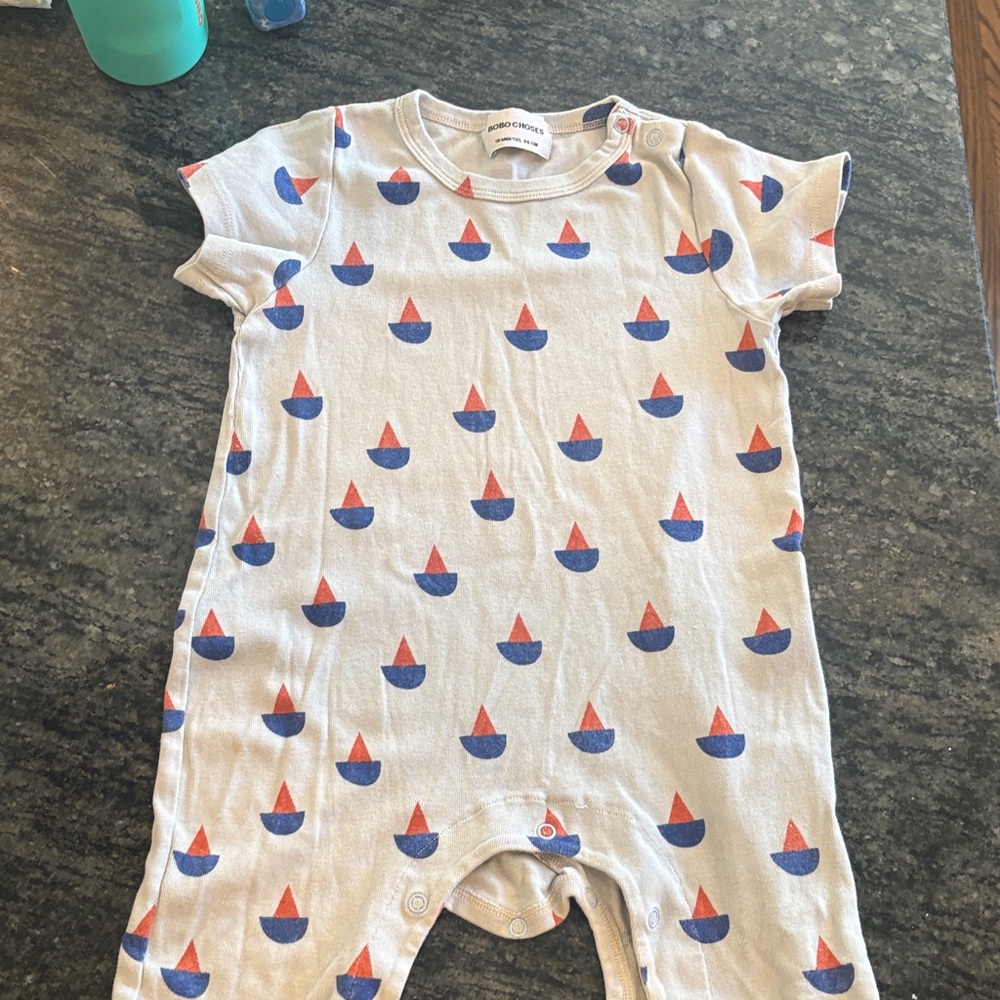 Bobo Choses Cream Short-Sleeve Sailboat Print One-Piece